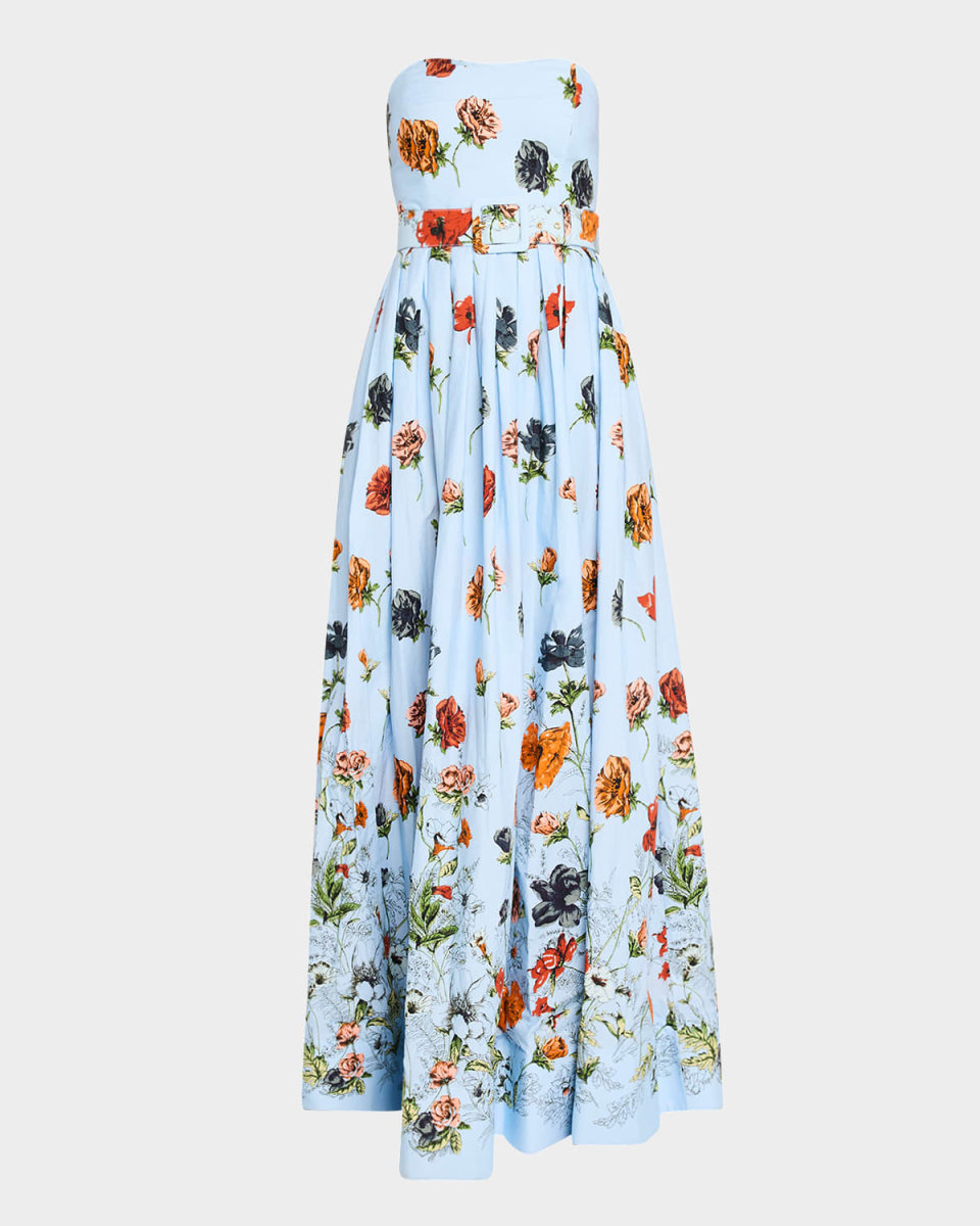 Greenfield Strapless Belted Floral Poplin Gown